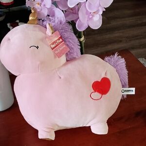 Goffa Miniso Life round plush unicorn stuffed toy, featuring a pink body, purple
